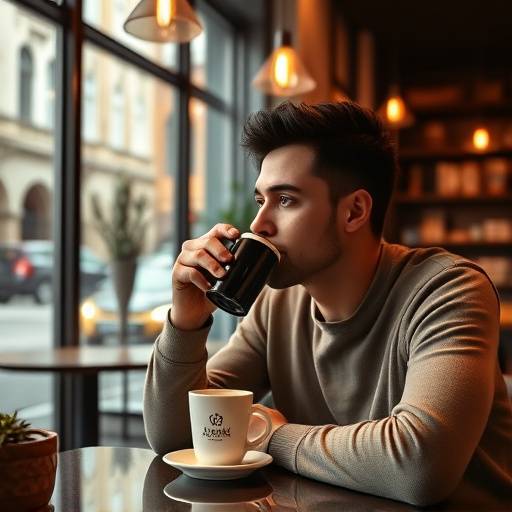 Lifestyle image of a person enjoying a cup of coffee in a modern cafe, showcasing the cafe's ambiance and atmosphere.